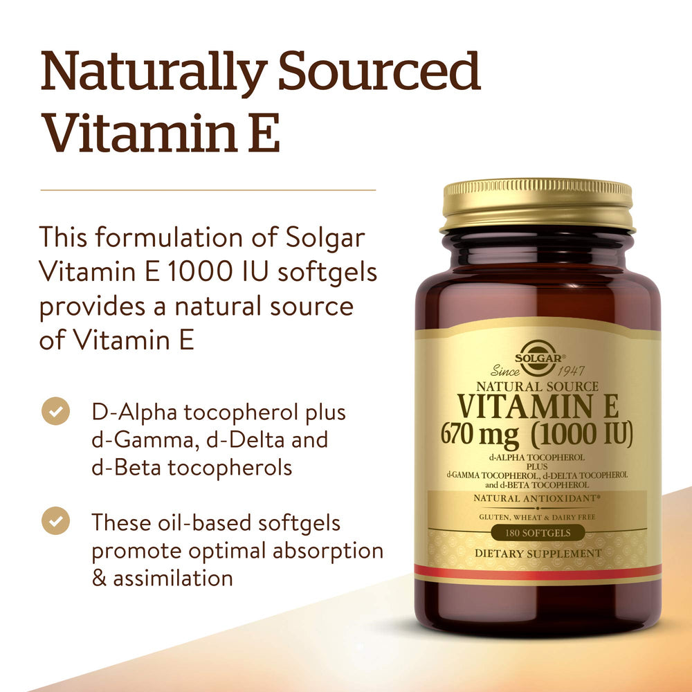 Solgar Vitamin E 670 mg ingredient panel highlighting d-alpha tocopherol and mixed tocopherols.
