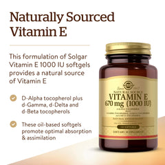 Solgar Vitamin E 670 mg ingredient panel highlighting d-alpha tocopherol and mixed tocopherols.