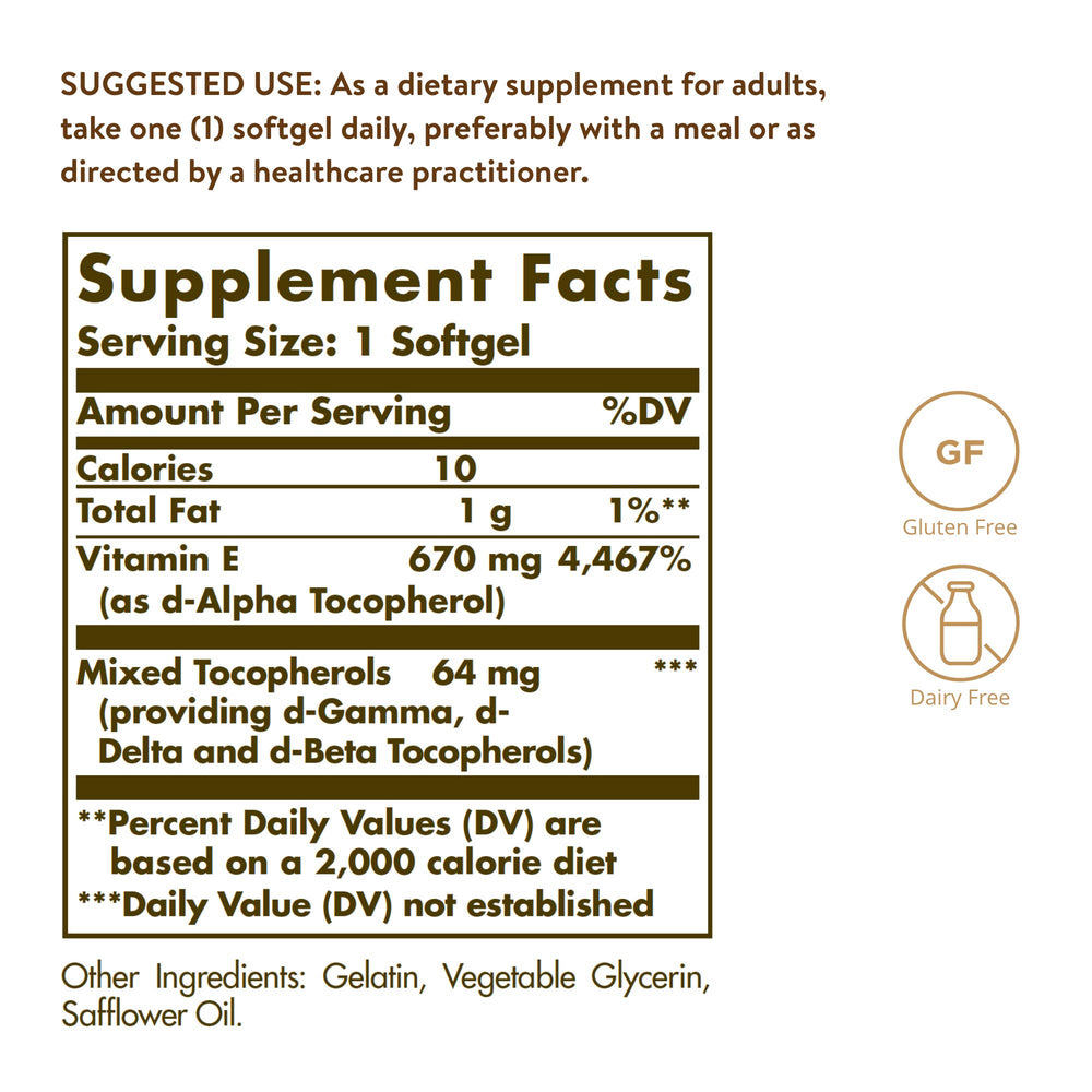 Solgar Vitamin E 670 mg softgels bottle back shows gluten-free and dairy-free formulation
