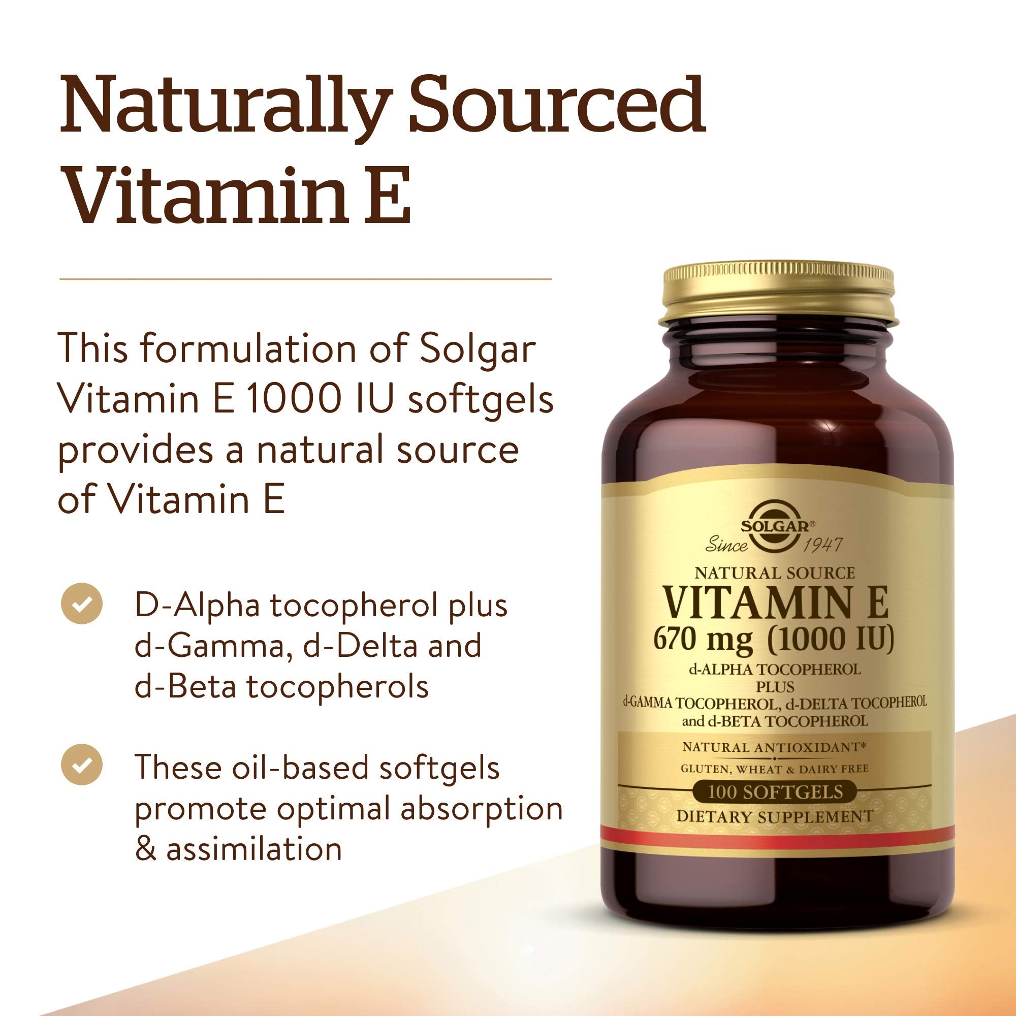 Solgar Vitamin E 670 mg softgels capsules closeup highlights oil-based softgels for absorption