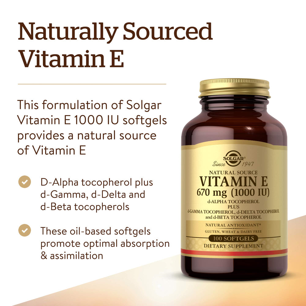 Solgar Vitamin E 670 mg softgels capsules closeup highlights oil-based softgels for absorption
