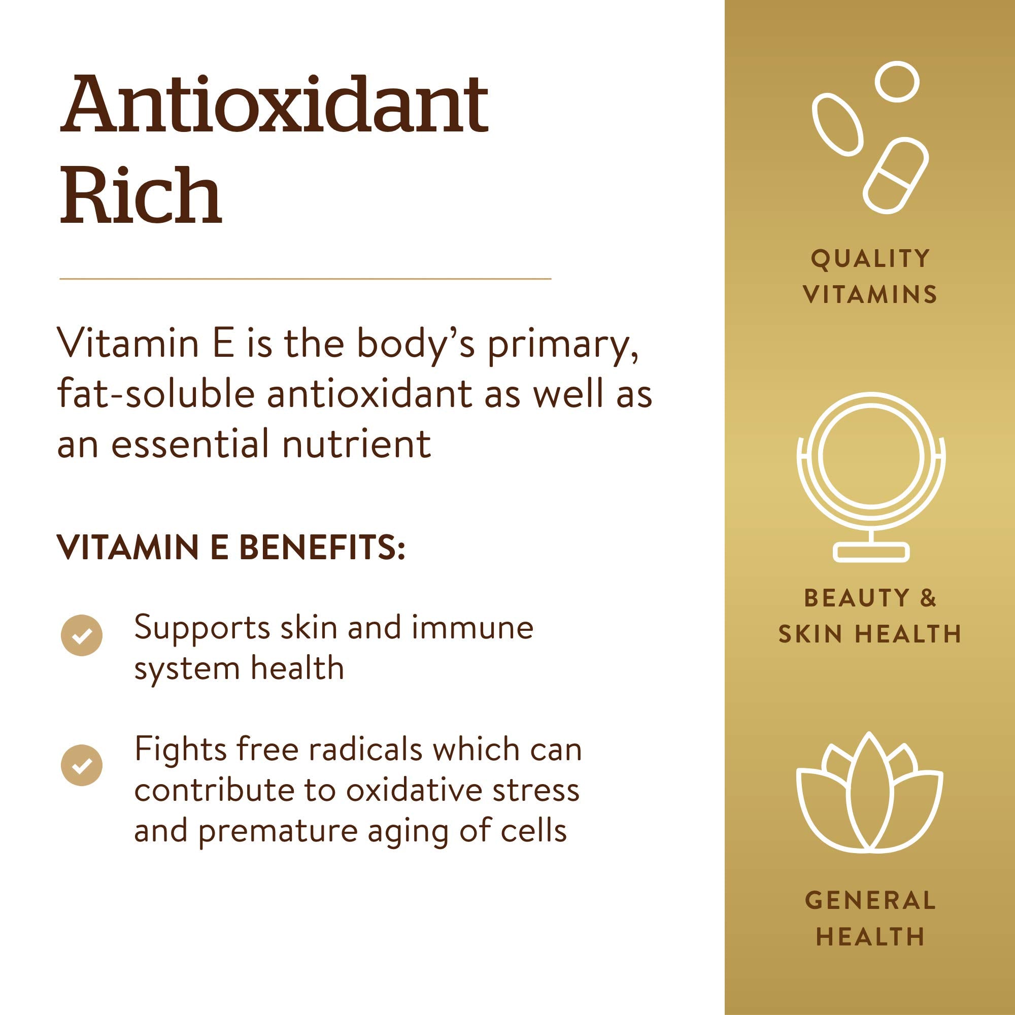 Solgar Vitamin E 670 mg softgels closeup with smooth, easy-to-swallow capsules.