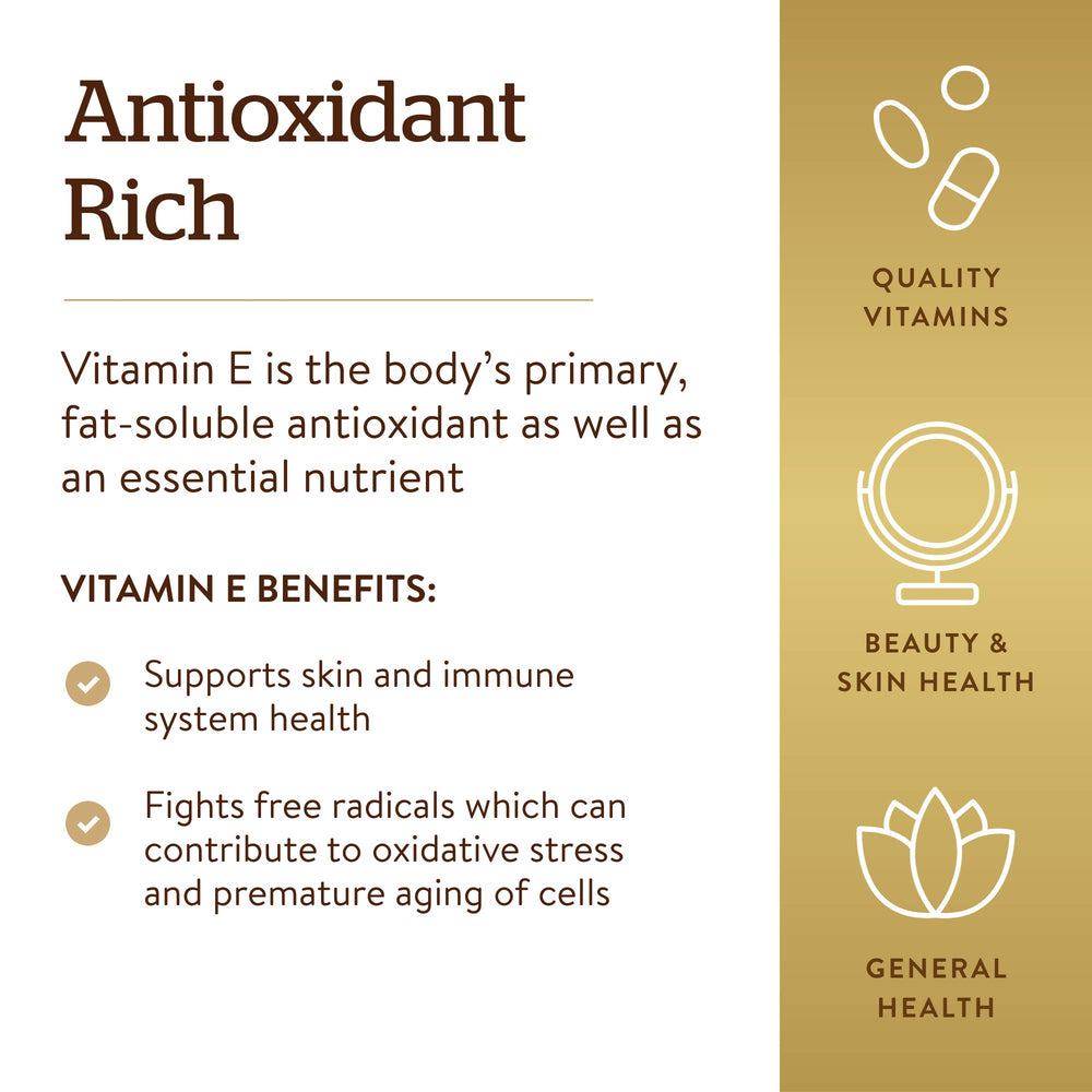 Solgar Vitamin E 670 mg softgels closeup with smooth, easy-to-swallow capsules.