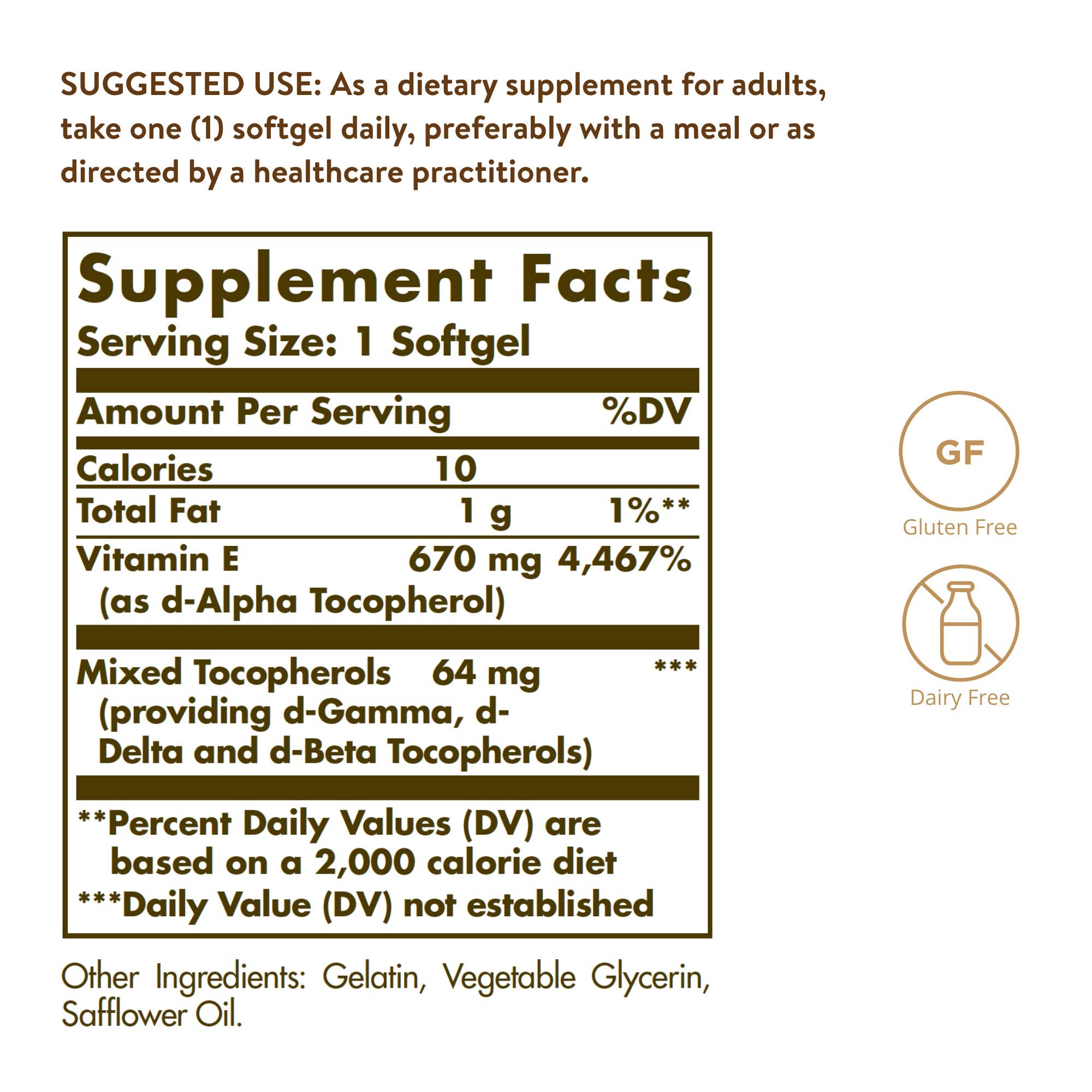 Solgar Vitamin E 670 mg softgels label closeup showing oil-based absorption.