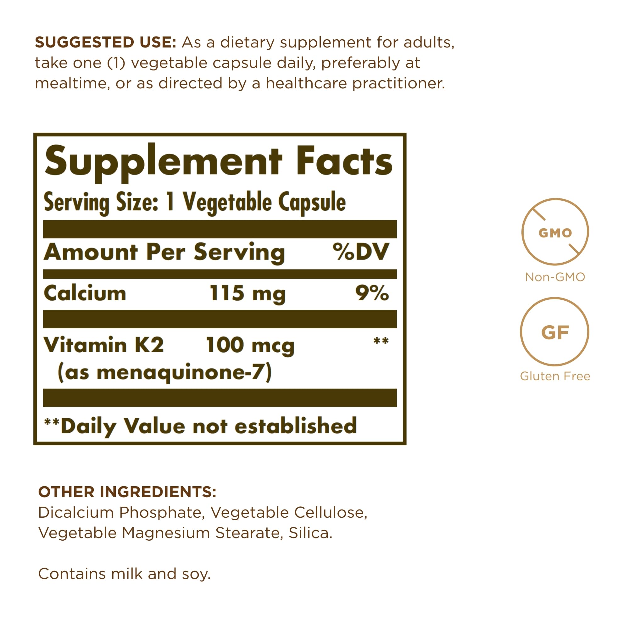 Solgar K2 MK-7 capsules for convenient daily bone-support in vegan, gluten-free form.