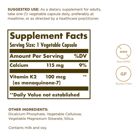 Solgar K2 MK-7 capsules for convenient daily bone-support in vegan, gluten-free form.