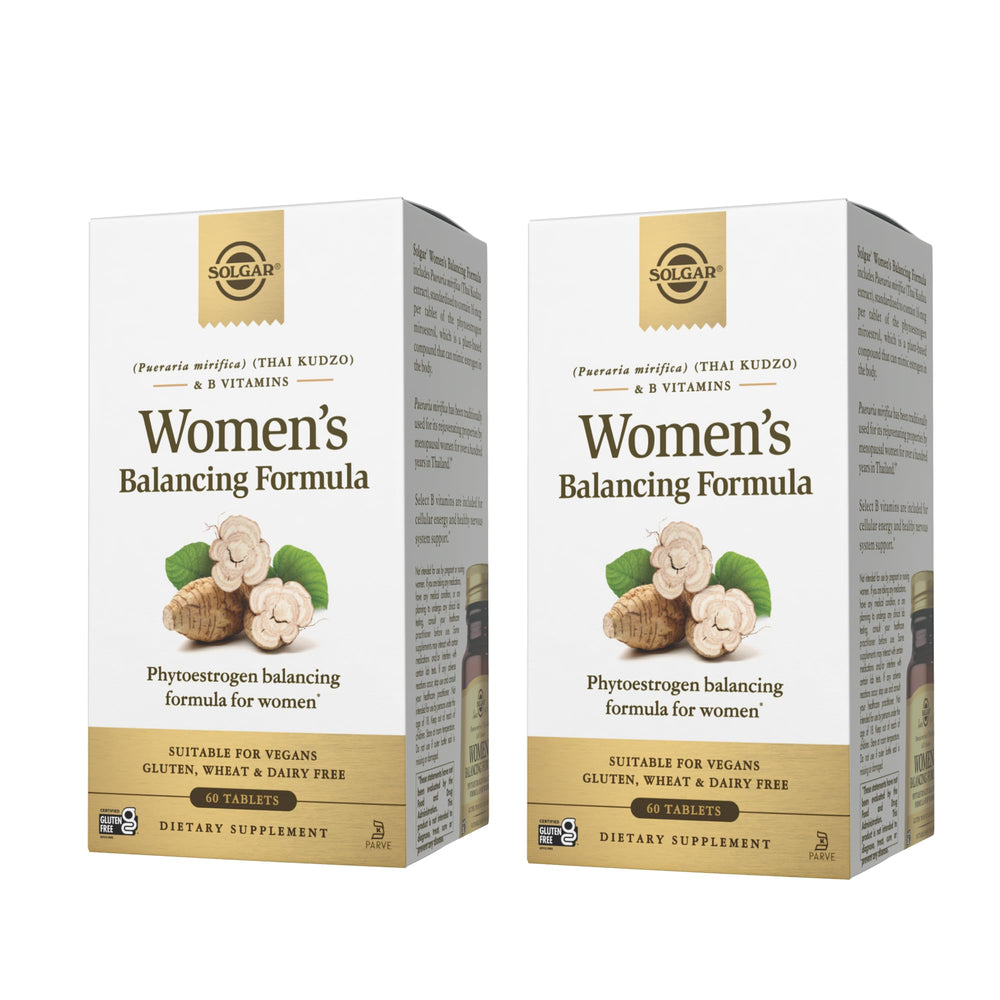 Solgar Women’s Balancing Formula bottle label highlighting phytoestrogen blend for daily balance.