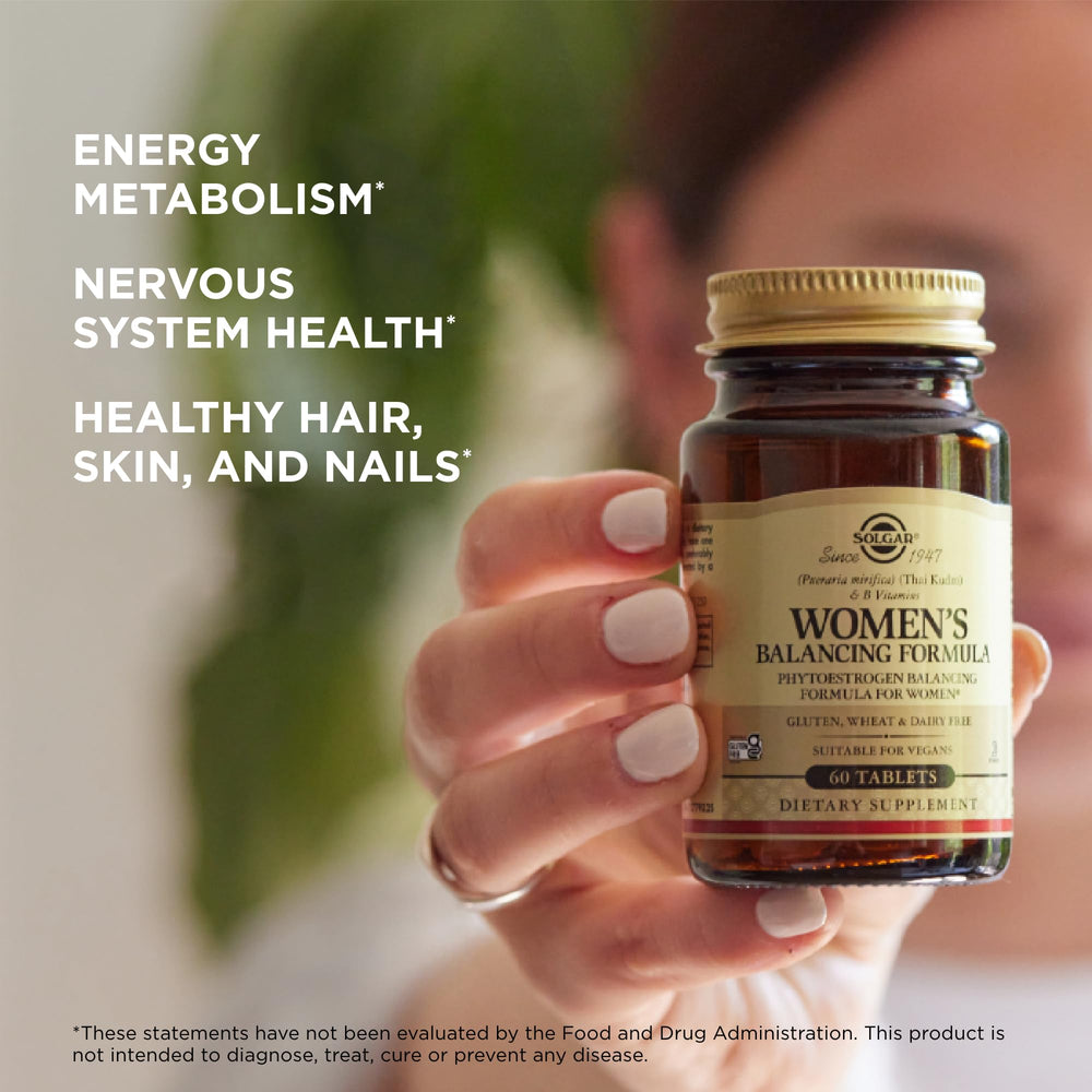 Solgar bottle with labels graphic highlights gluten and dairy free formula.