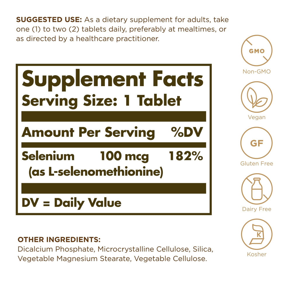 Solgar yeast-free selenium 100 mcg tablets close-up shows a convenient daily dose