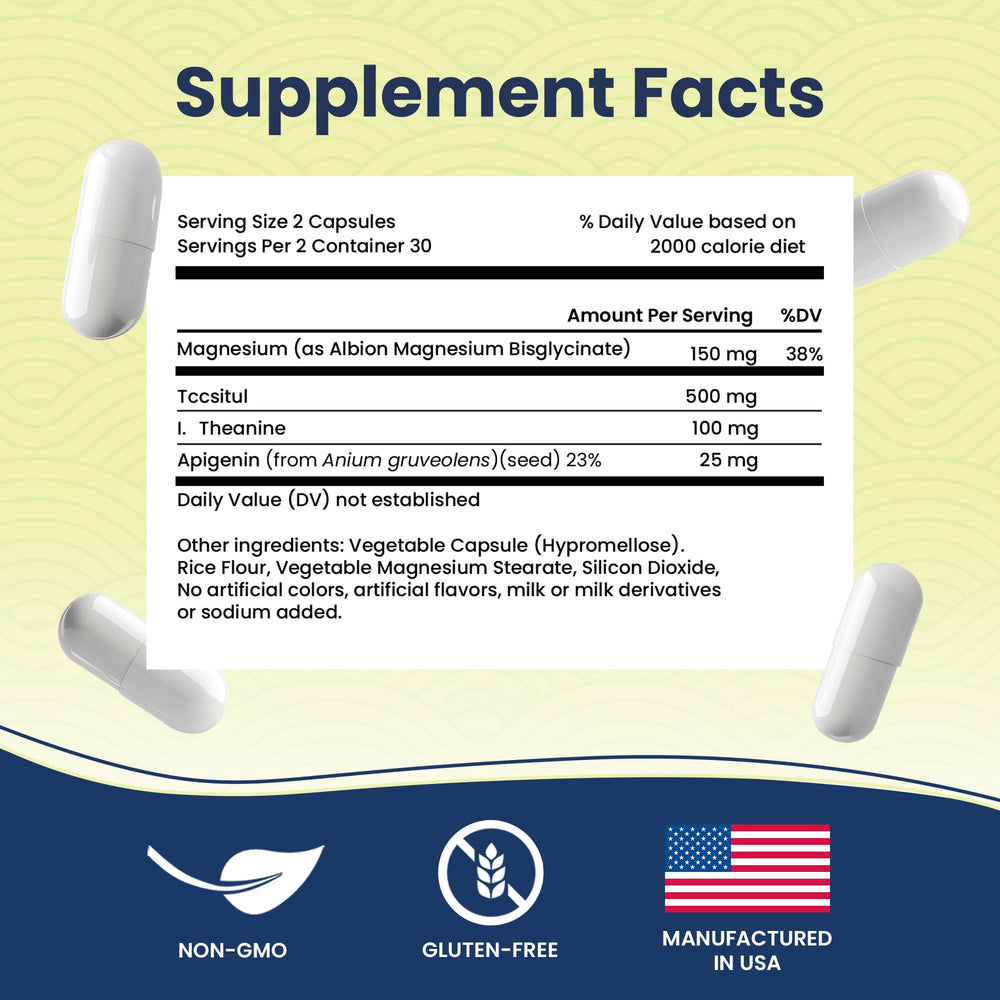 Close-up of Solid Sleep Deep Sleep Formula capsules with magnesium and L-theanine