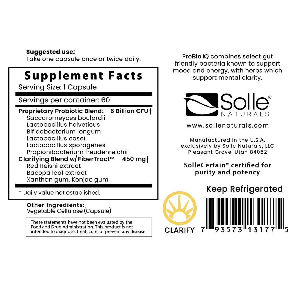 Solle Naturals Solle ProBio IQ bottle label close-up highlighting usage directions