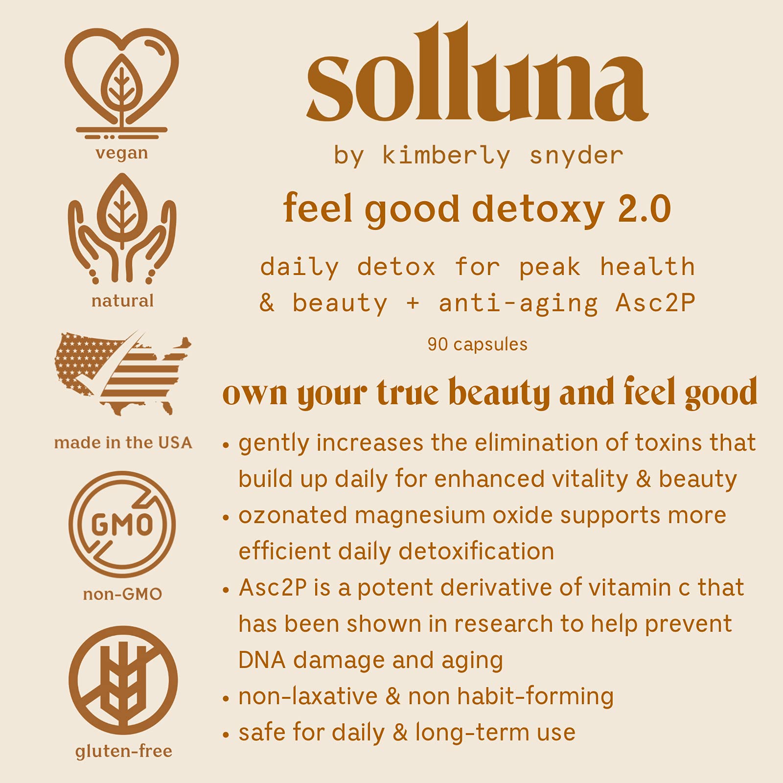 Solluna Detoxy 2.0 bottle label detailing Asc2P and non-GMO formula