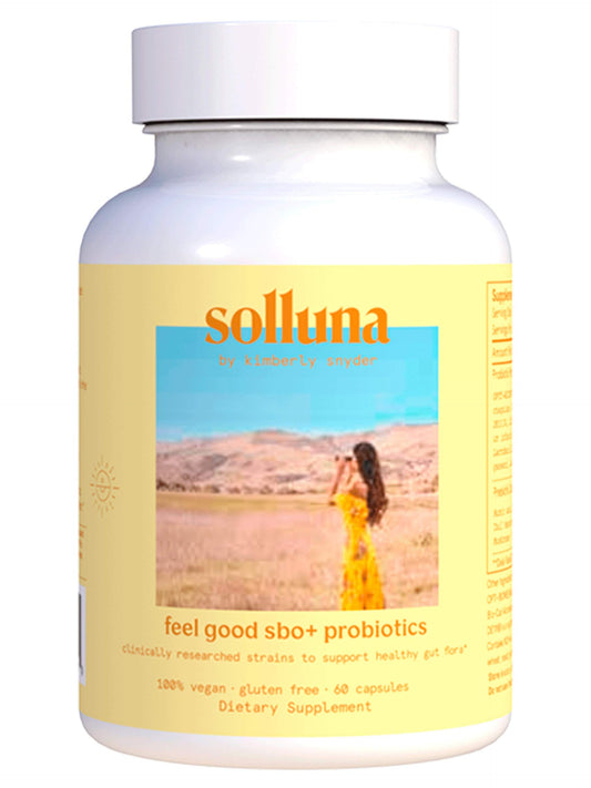 Solluna Feel Good SBOs bottle on a clean surface for daily digestive support.