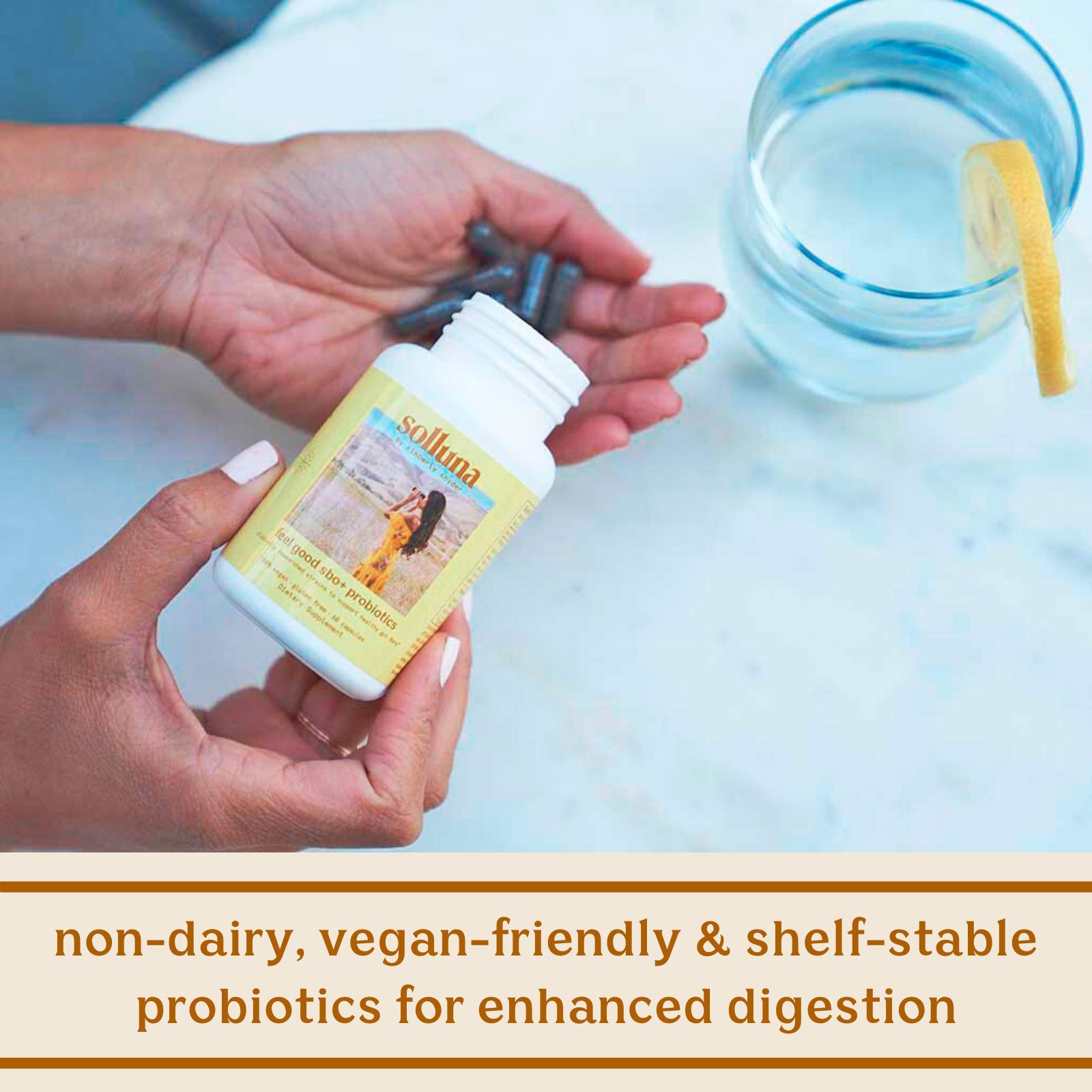 Solluna Feel Good SBOs bottle with humic acid conveys mineral-rich support for nutrient absorption.