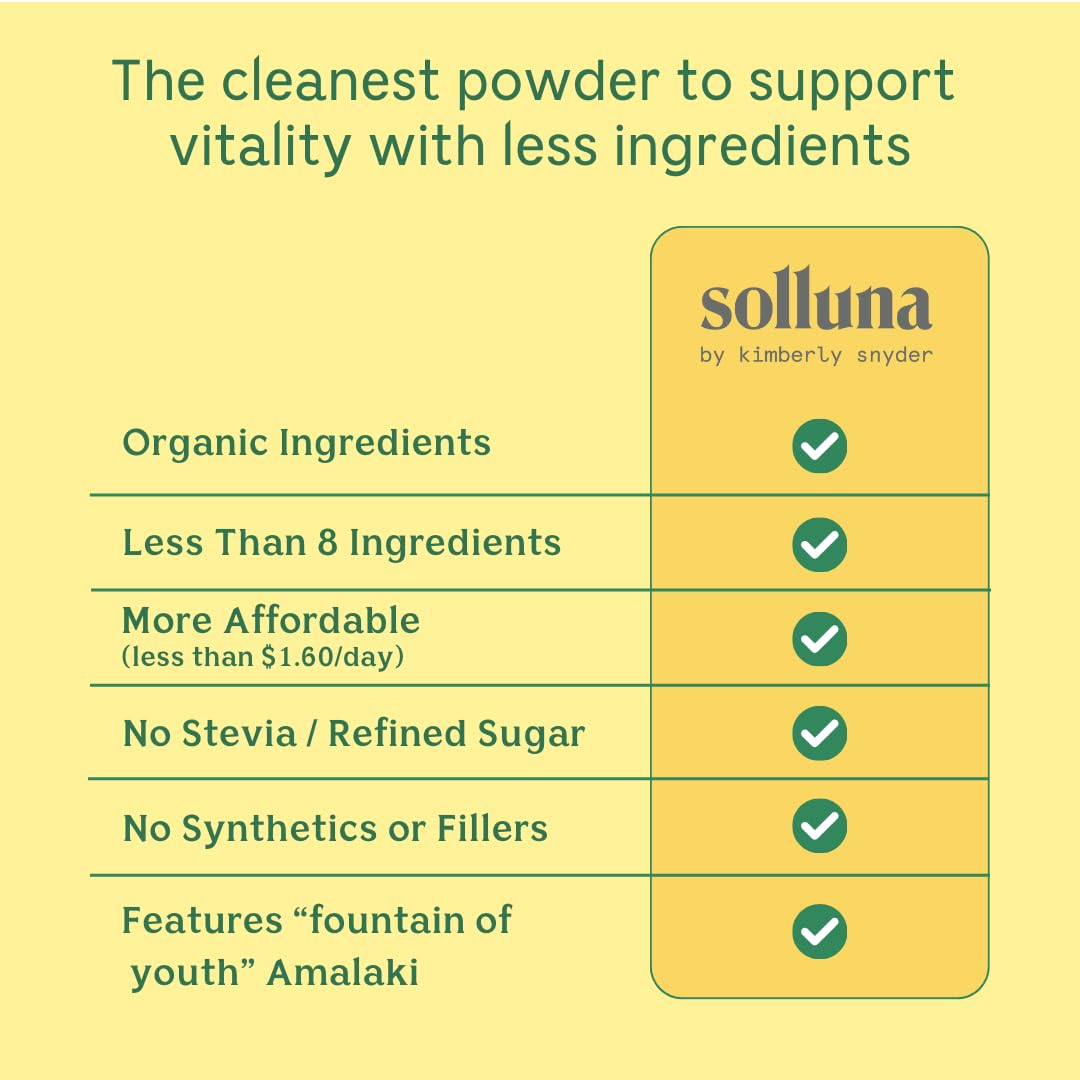Solluna Greens Ashitaba bottle featuring ancient wellness ingredients in vegan powder.