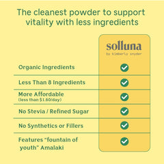 Solluna Greens Ashitaba bottle featuring ancient wellness ingredients in vegan powder.