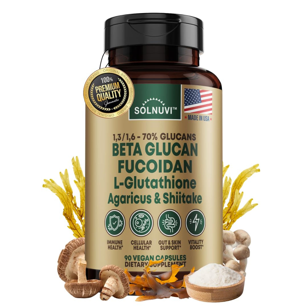 Solnuvi Beta Glucan Fucoidan bottle with label highlighting immune support.