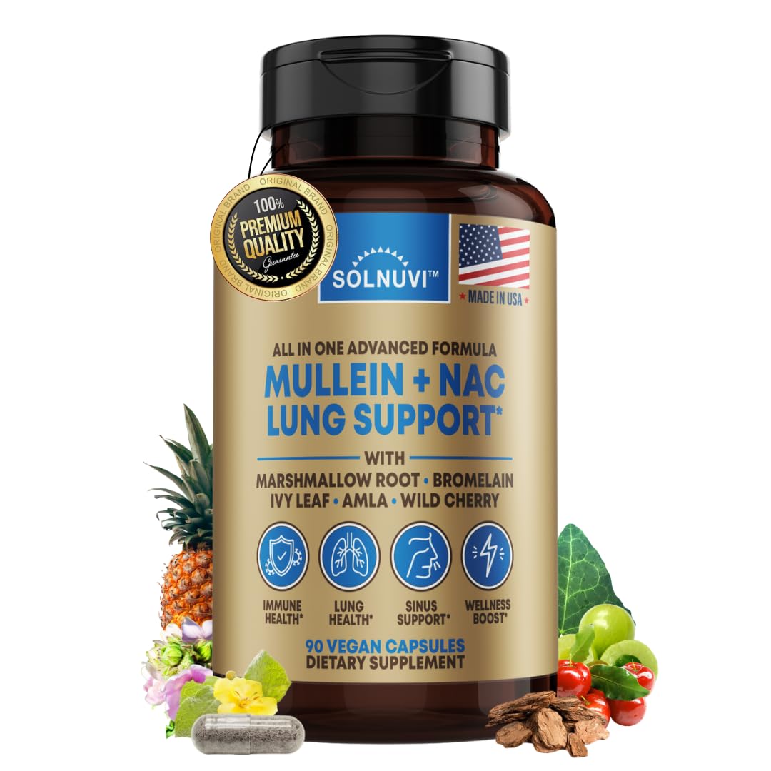 SOLNUVI Mullein Leaf Extract NAC bottle, a potent lung support blend for daily wellness.