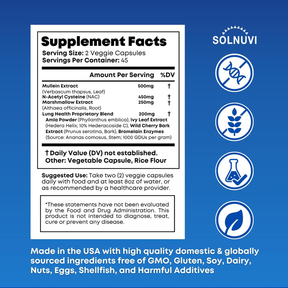 SOLNUVI NAC lung health capsules highlight easy, twice-daily support for respiratory comfort.