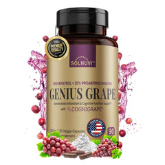 SOLNUVI Resveratrol Complex bottle with label highlighting antioxidants and daily wellness.
