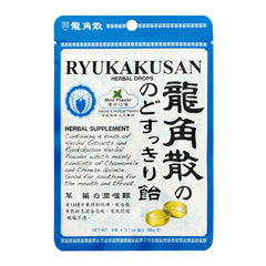 Packaging with Ryukakusan branding and mint drops on a table