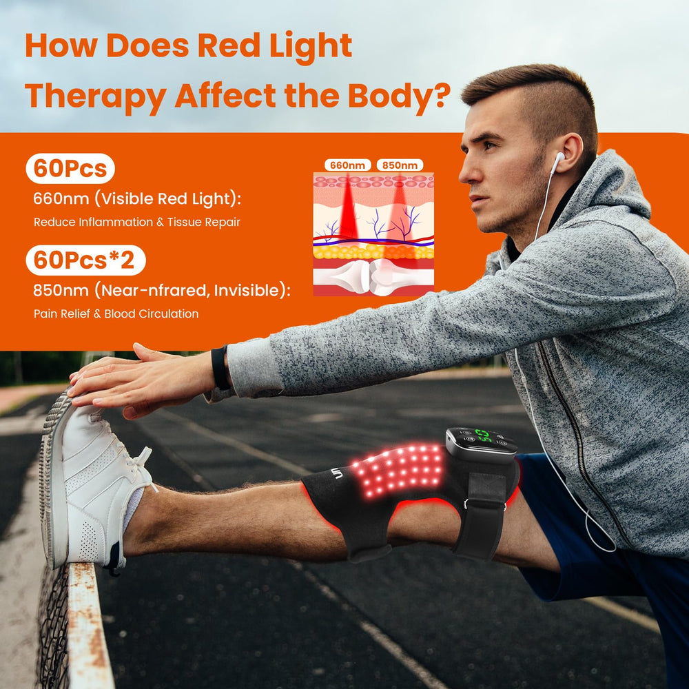 Solun knee brace with 660nm and 850nm LEDs offering gentle, deep relaxation for tired joints