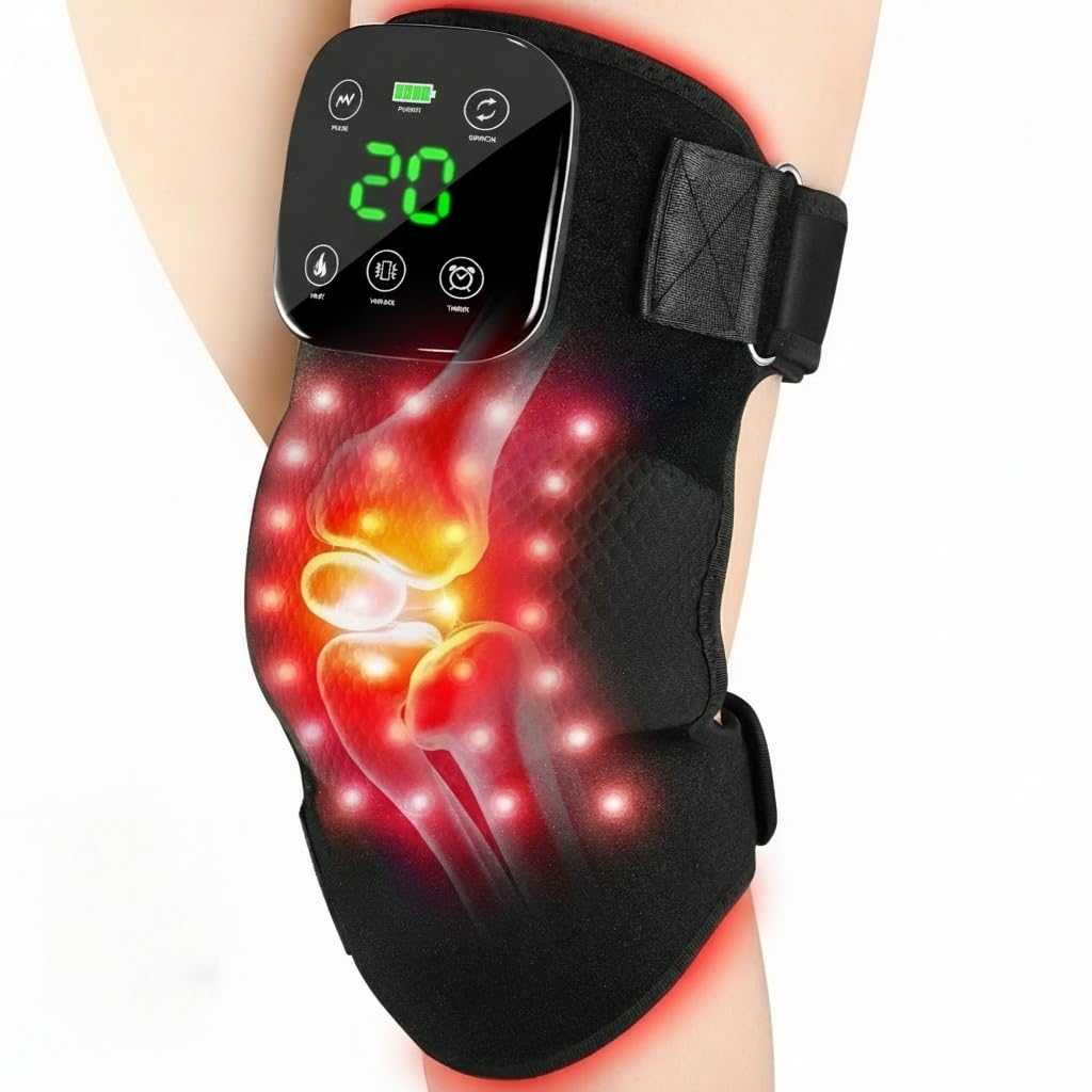 Solun knee brace on leg with red light therapy delivering soothing surface warmth for daily comfort