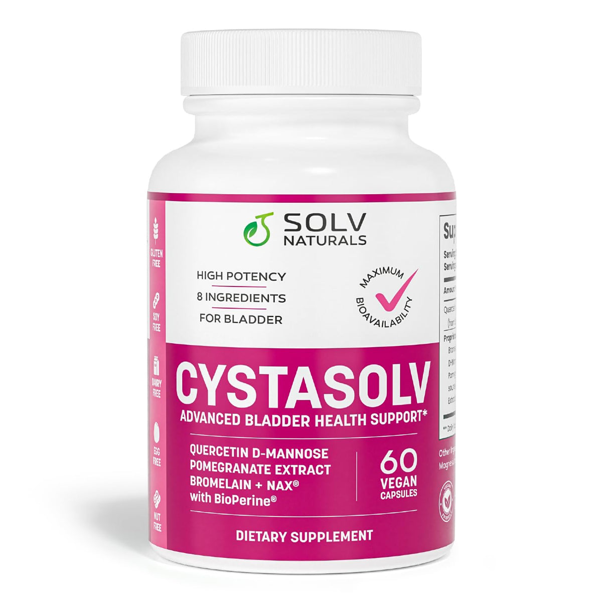 SOLV NATURALS CYSTASOLV bottle label with 60 vegan capsules for daily use