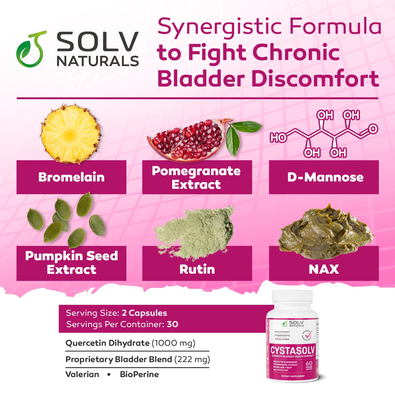 SOLV NATURALS CYSTASOLV key ingredients blend includes quercetin and D-mannose