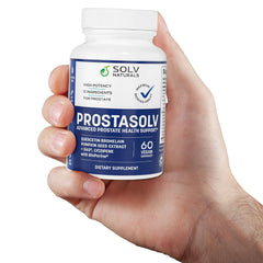 SOLV NATURALS Prostsolv label indicates USA-made, quality-tested, vegan formula