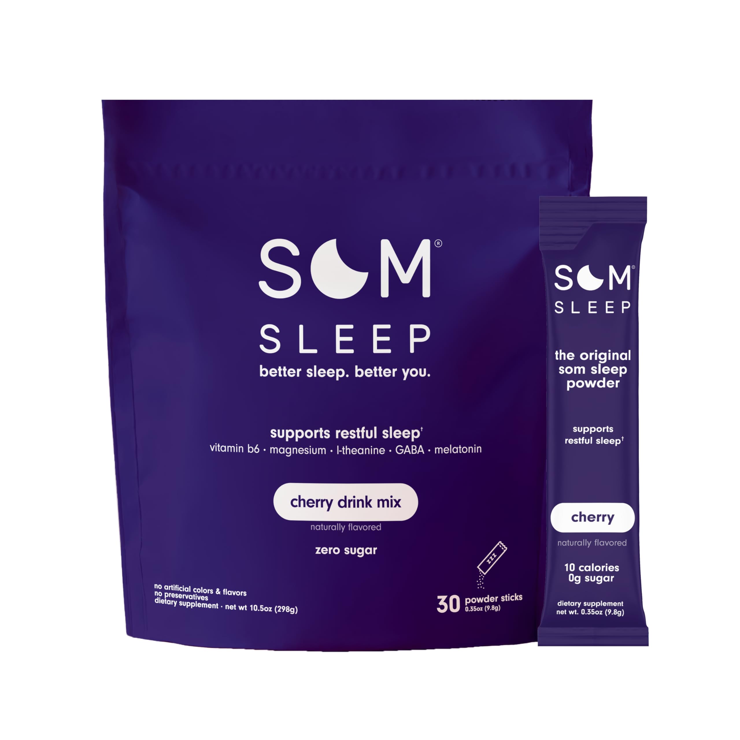 Som Sleep packaging for cherry sleep aid powder showing convenient nightly routine