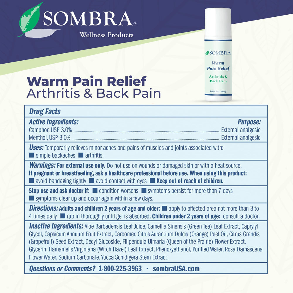 Box packaging for Sombra Warm Pain Relief Gel emphasizes vegan formula and USA production