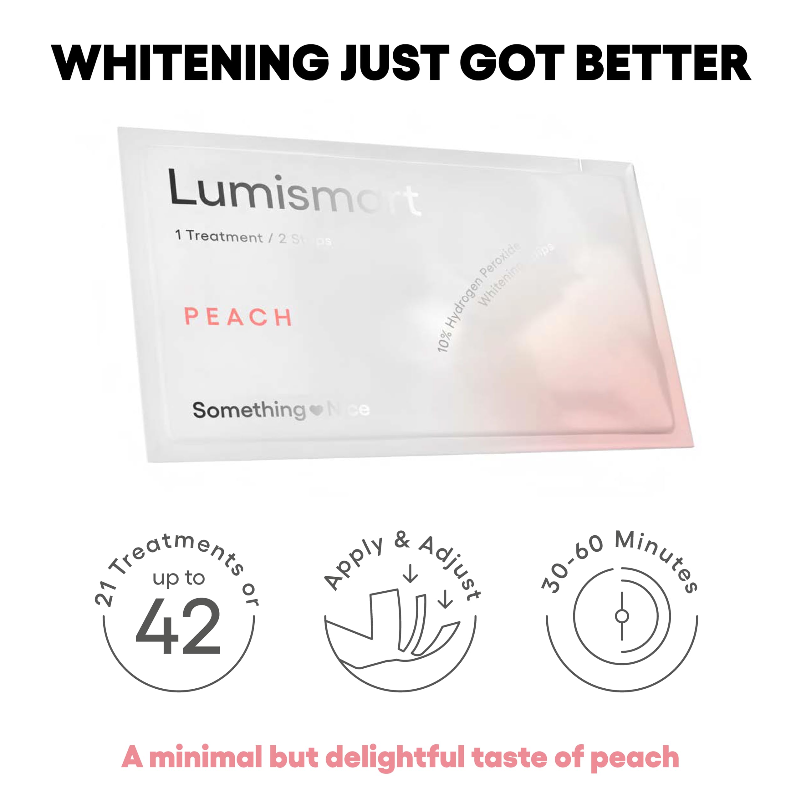Something Nice Lumismart whitening strips peach application on teeth for comfortable at-home whitening.