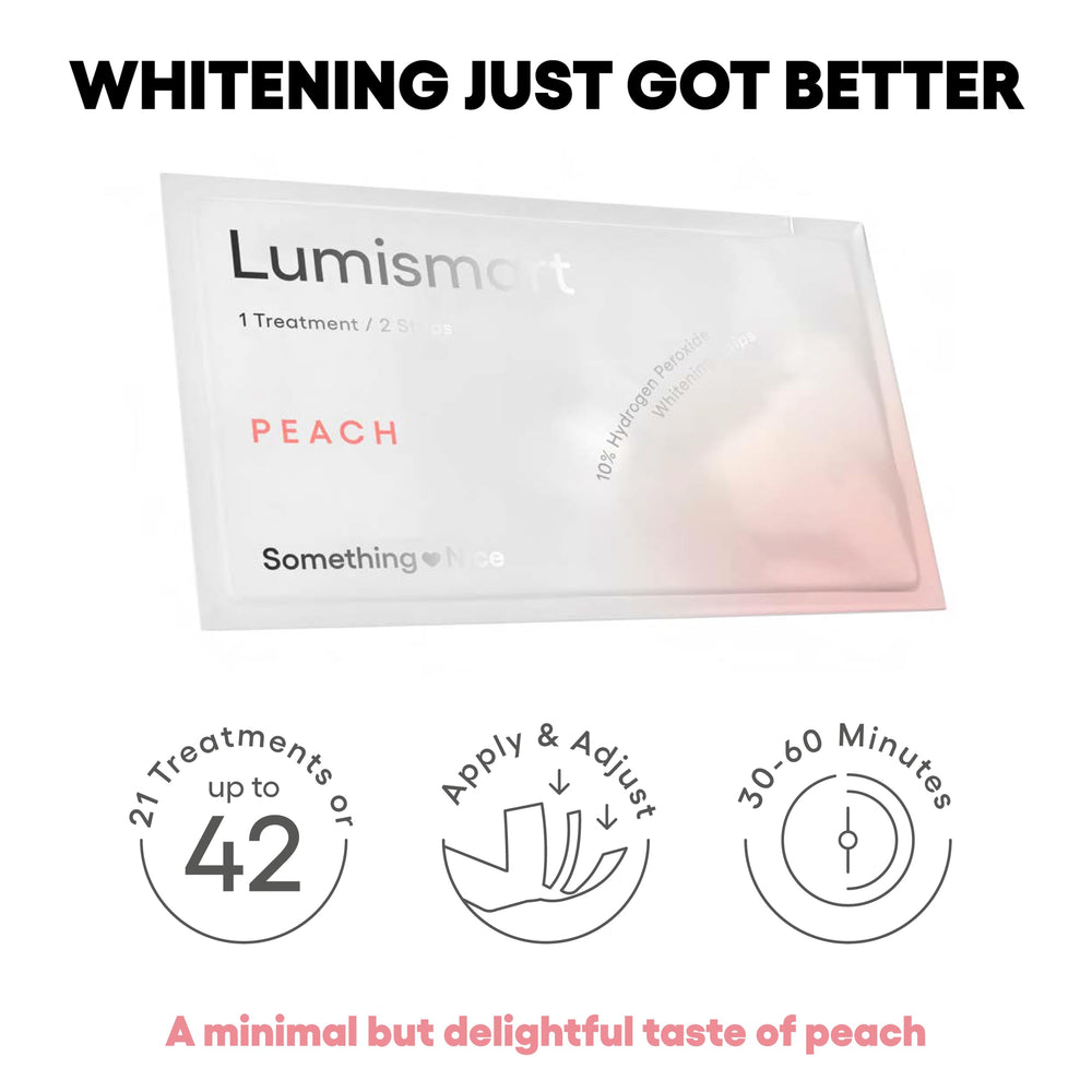 Something Nice Lumismart whitening strips peach application on teeth for comfortable at-home whitening.