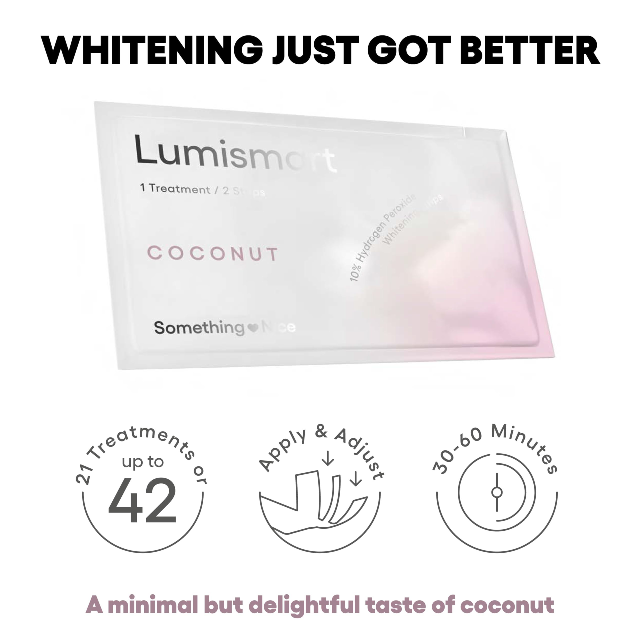 Something Nice Lumismart Whitening Strips flavors-coconut pack displays coconut-flavored whitening option for a routine.