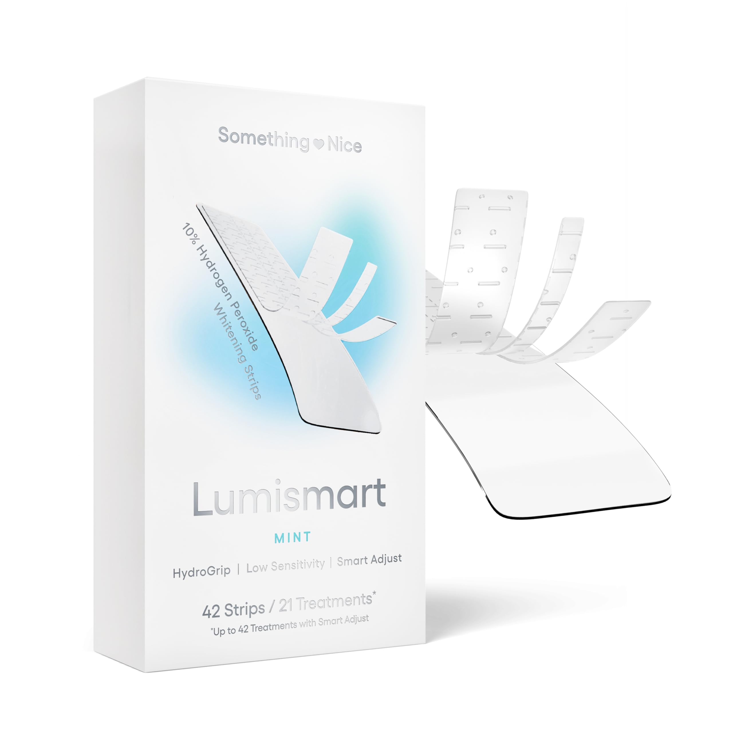 Something Nice Lumismart whitening strips packaging shows enamel-safe at-home whitening.