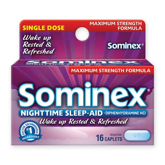 Sominex caplets closeup highlighting dosage and product details