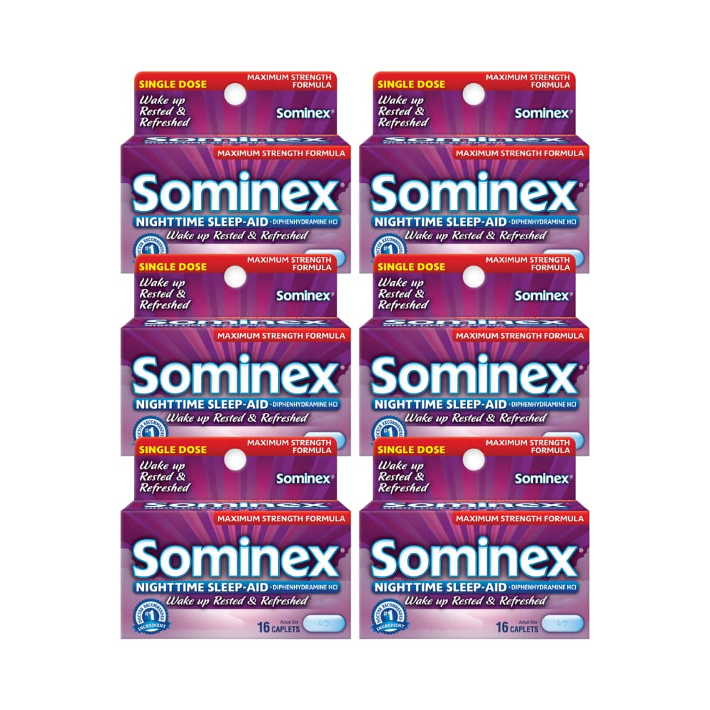 Sominex Nighttime Sleep-Aid caplets bottle shown for nighttime rest.