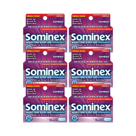 Sominex Nighttime Sleep-Aid caplets bottle shown for nighttime rest.