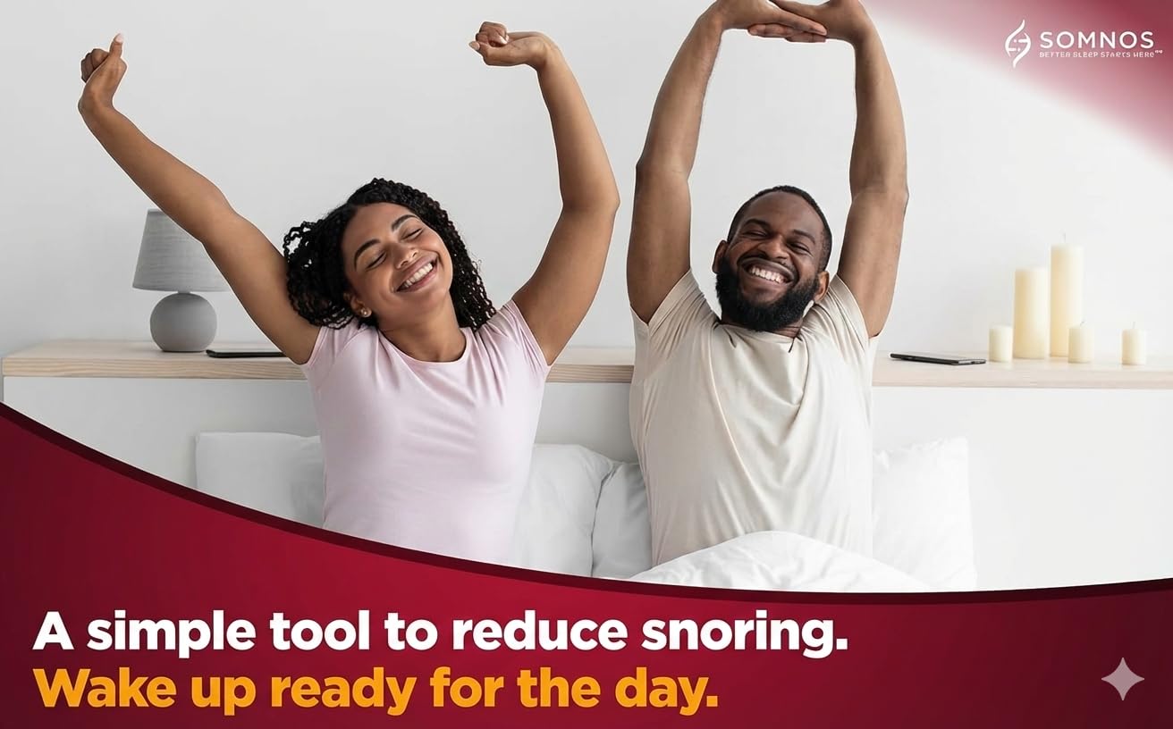 Somnos Anti Snore Mouthguard night-use setup promoting unobstructed breathing and restful sleep