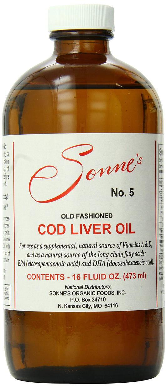 Sonne's Old Fashioned Cod Liver Oil No. 5 bottle highlights natural vitamins A and D.