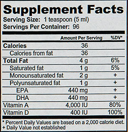 Nutrition facts for Sonne's Old Fashioned Cod Liver Oil No. 5 showing EPA and DHA.