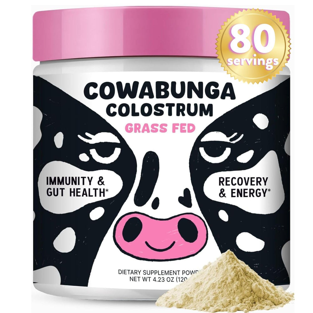 SonoHealth Cowabunga Colostrum bottle close-up signaling premium purity