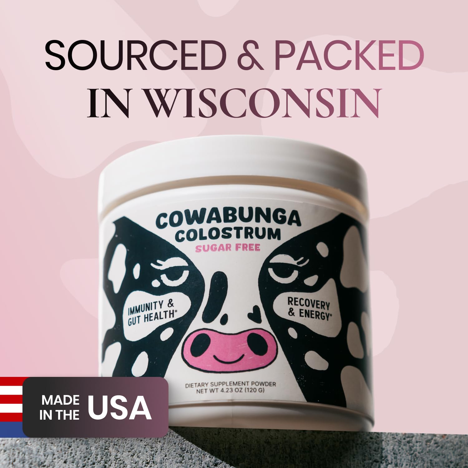 SonoHealth Cowabunga Colostrum label close-up with kosher and halal marks