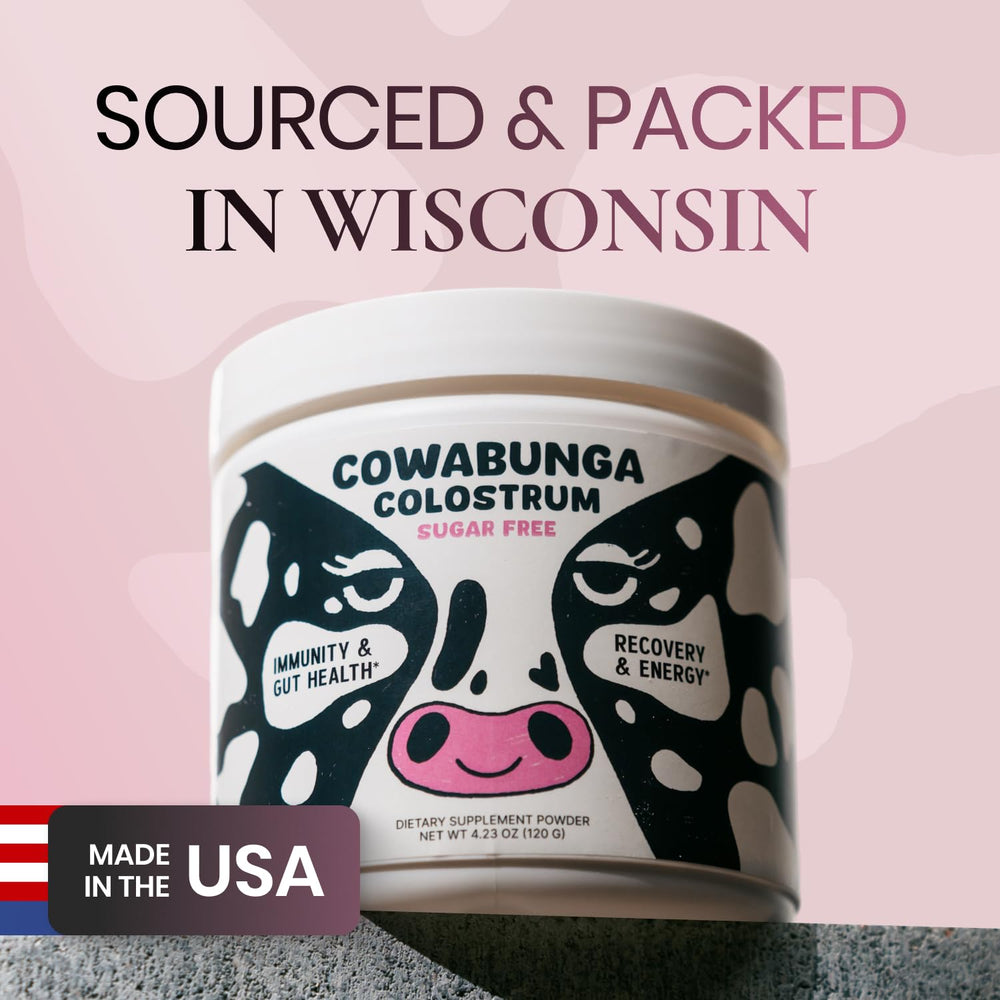SonoHealth Cowabunga Colostrum label close-up with kosher and halal marks