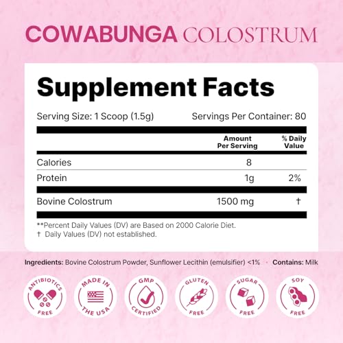 SonoHealth Cowabunga Colostrum nutrition label highlights full-spectrum benefits