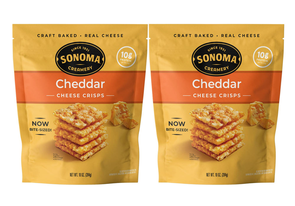 Sonoma Creamery cheddar crisps front view, high-protein snack.