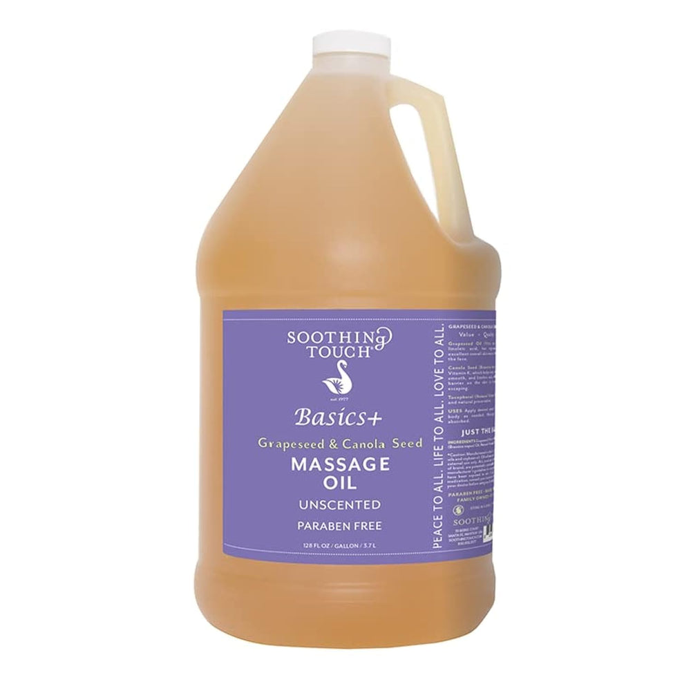 Soothing Touch Basics+ Grapeseed & Canola Seed Massage Oil bottle pour for skin moisturizing and spa use
