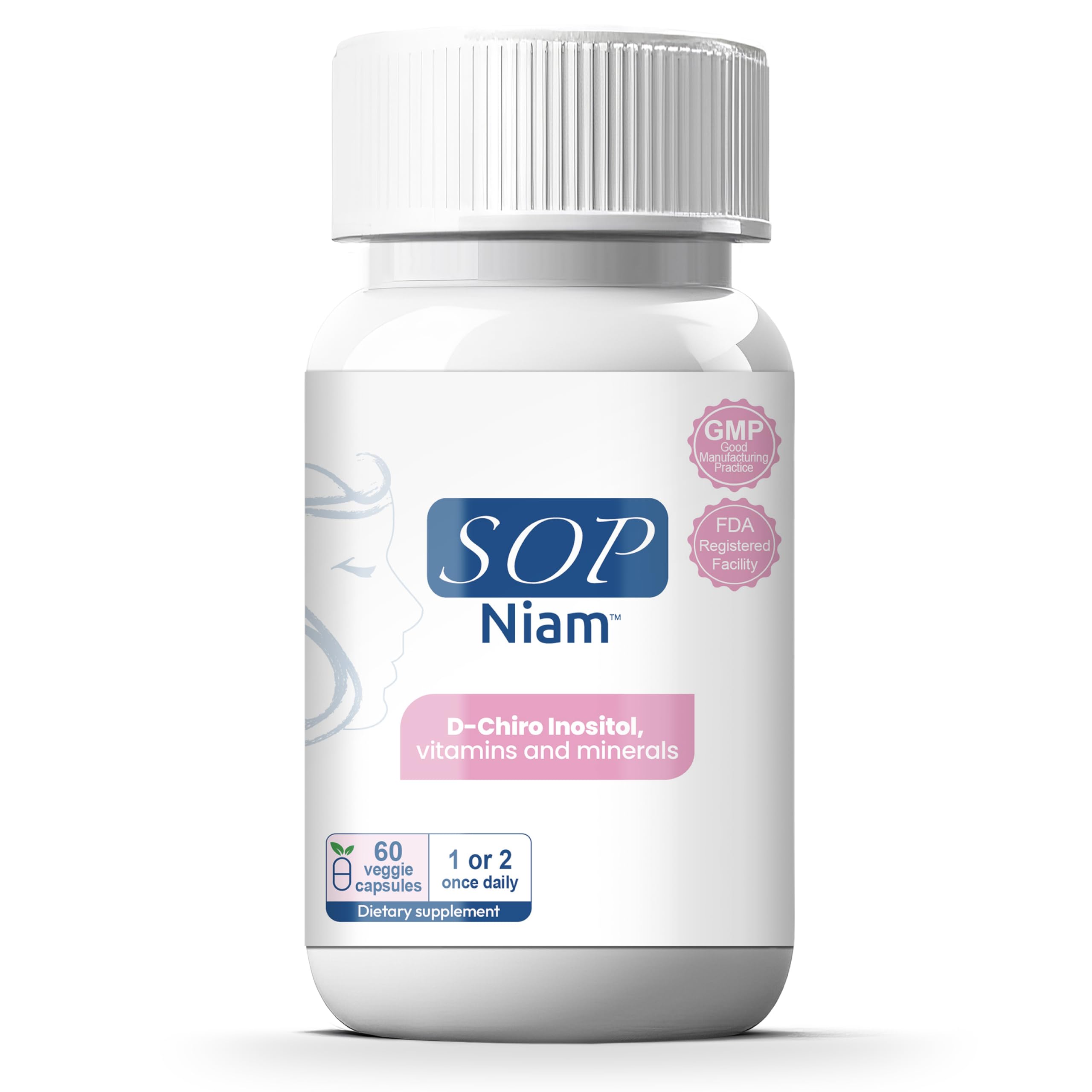 SOP NIAM bottle displaying a 60-day supply for hormonal balance support.