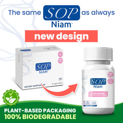 SOP NIAM capsules closeup highlighting a convenient daily supplement for PCOS.